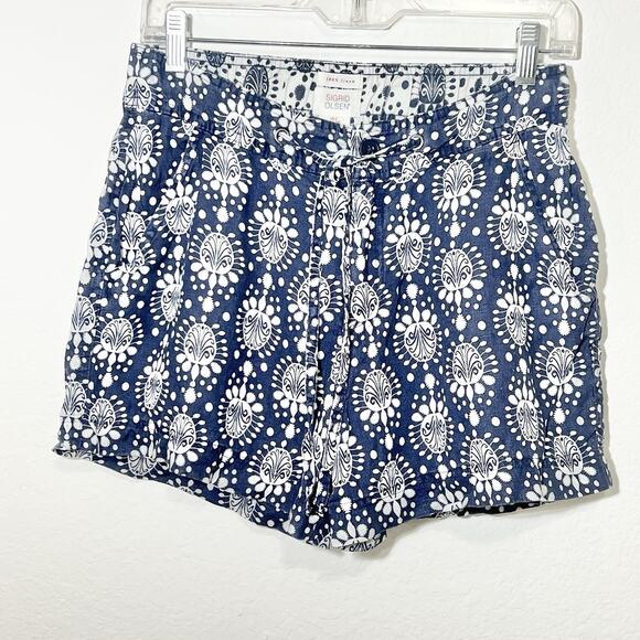 SIGRID OLSENS Shorts Blue white floral‎ BOHO 100% Linen Beach Shorts Small - Picture 1 of 6